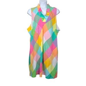 Crown & Ivy Womens Sleeveless Colorful Ruffle Neck Linen Blend Shift Dress NWOT